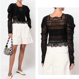 ULLA JOHNSON Eloise silk sheer lace puffed sleeve cropped blouse top New Size 10